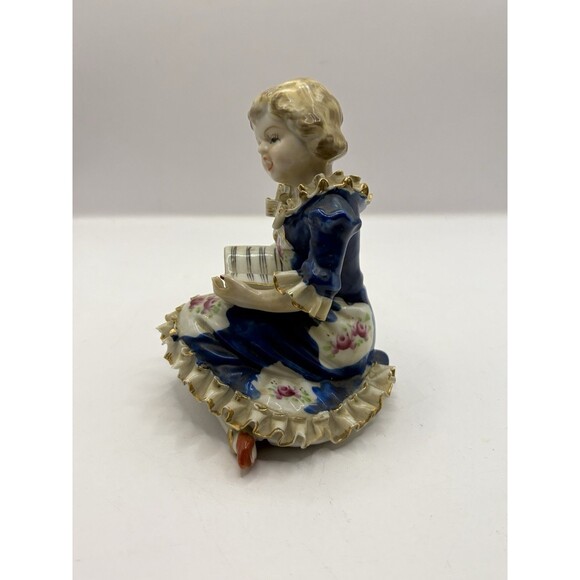 Vintage Wales Chinaware Girl In A Blue Dress Reading Made in Japan Gold Gilt - Picture 2 of 6